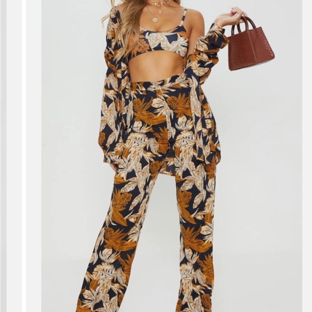 SET- Black Palm Leaf Print Beach Flares Pants and Shirt(bralette included)